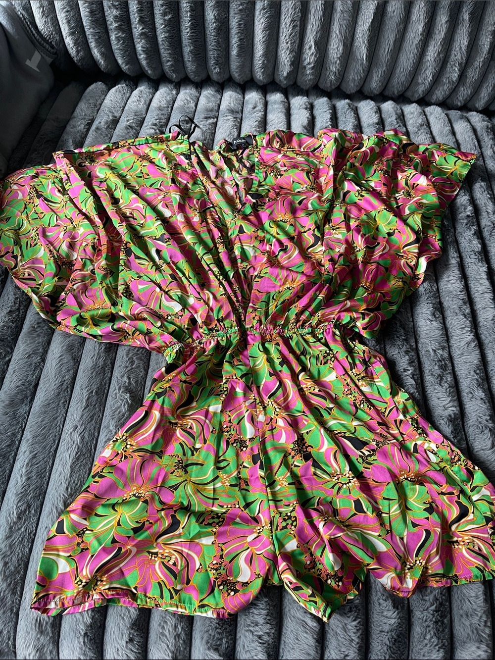 Aakaa Floral Print V-Neck Romper in Pink and Green